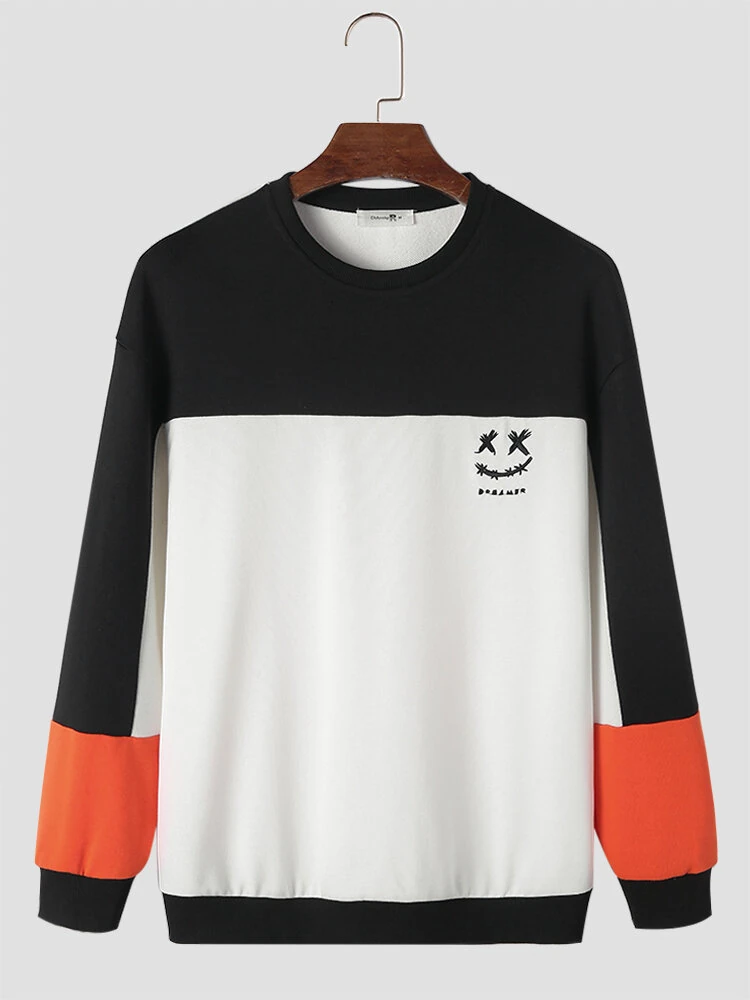 ChArmkpR Mens Smile Face Print Color Block Patchwork Pullover Sweatshirts (image for) ChArmkpR Mens Smile Face Print Color Block Patchwork Pullover Sweatshirts