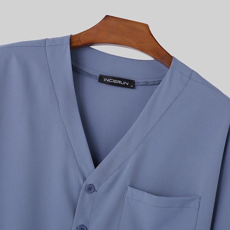 (image for) INCERUN Men Shirts Casual Blue Shirts Daily Long Sleeve White Shirts Solid Color V-neck Orange Shirts Summer Comfy Top with Breast Pocket