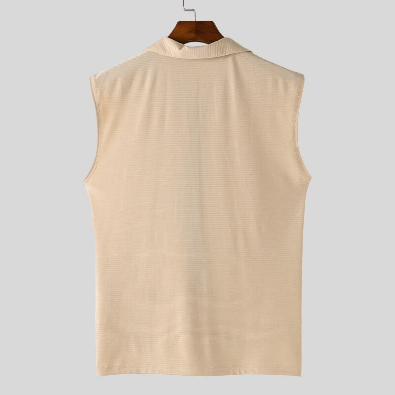 (image for) INCERUN Men Tshirts Male Comfy Lapel Sleeveless Zipper Blouse Streetwear Casual Solid Color T-Shirts Leisure Summer Round Neck Tee Tops