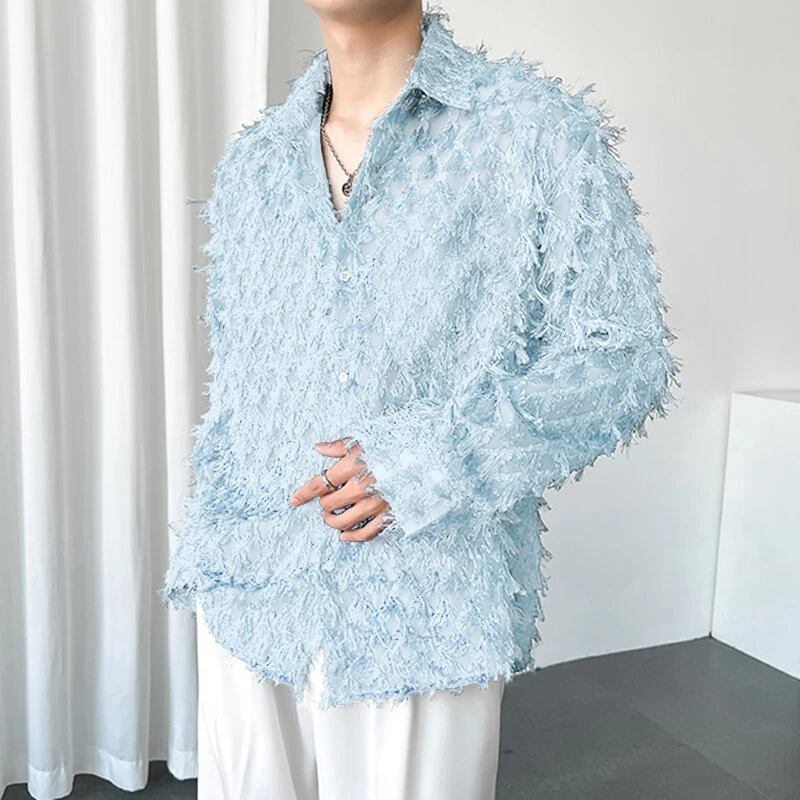 (image for) INCERUN Mens Fringe See Through Long Sleeve Shirt Fashion Pactwork Thin Spliced Tulle Lapel Blouse Loose Fit for Men S-5XL