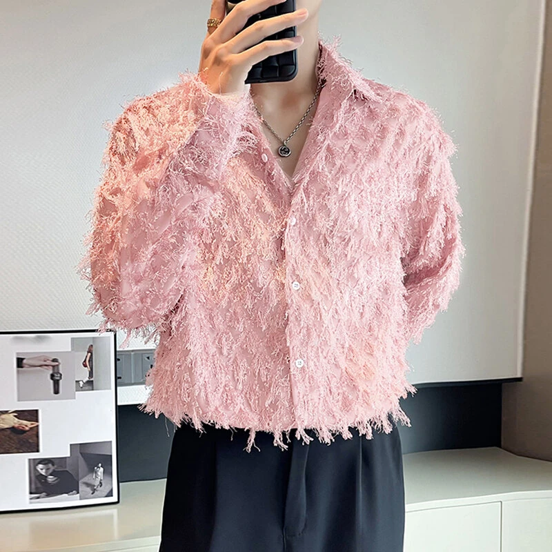 (image for) INCERUN Mens Fringe See Through Long Sleeve Shirt Fashion Pactwork Thin Spliced Tulle Lapel Blouse Loose Fit for Men S-5XL