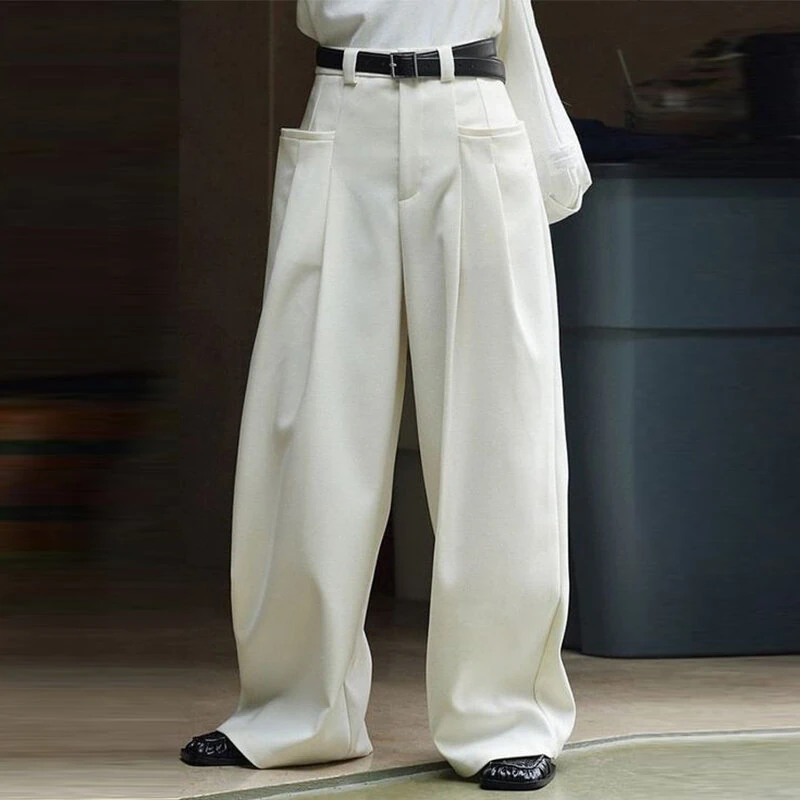 INCERUN Mens Solid Pleated Design Casual Straight Pants Casual Comfortable Wide Legged Long Pant with Pockets (image for) INCERUN Mens Solid Pleated Design Casual Straight Pants Casual Comfortable Wide Legged Long Pant with Pockets