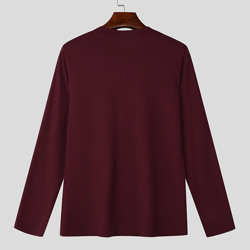 (image for) INCERUN Mens Striped Long Sleeve T-Shirt Knitted Solid Color Fashion Big V-neck Tshirt for Male S-5XL