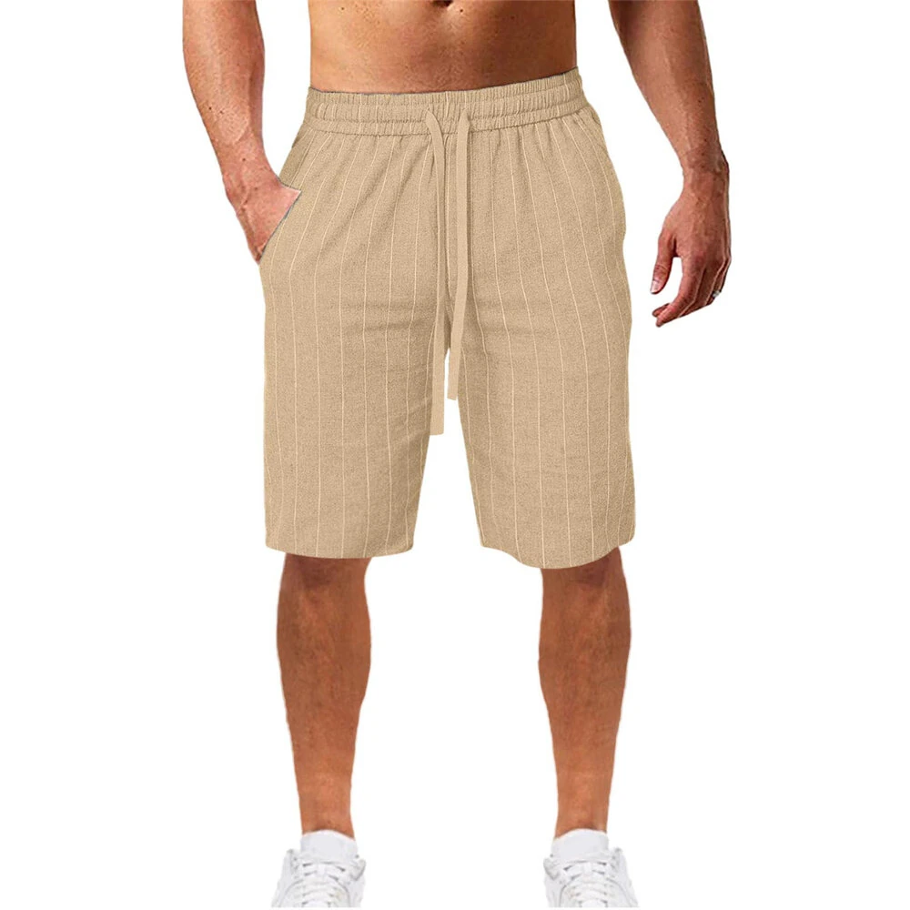 (image for) Men's Quick Dry Cotton Linen Shorts Summer Breathable Stripe Casual Gym Running Cargo Pocket Beach Five-point Pants Lightweight Comfortable